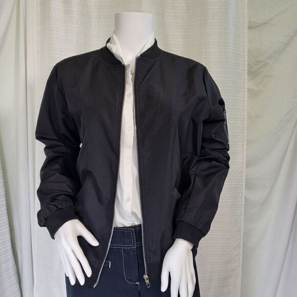 Classic Black Bomber Jacket Lined Zip Up  Women’s Size Medium - Picture 10 of 10